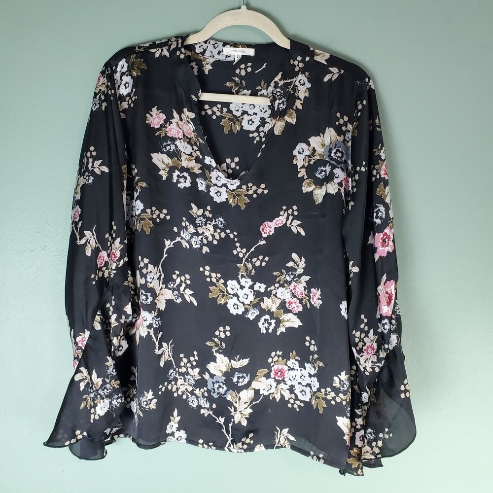 Maurices Womens Black Satin Floral V-Neck Ruffled Sleeves Blouse Size Large